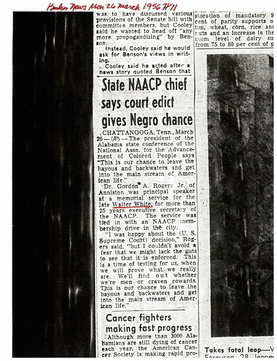 Scanned 1956 Birmingham News clipping, degraded on the left column, with the headline “State NAACP chief says court edict gives Negro chance.”