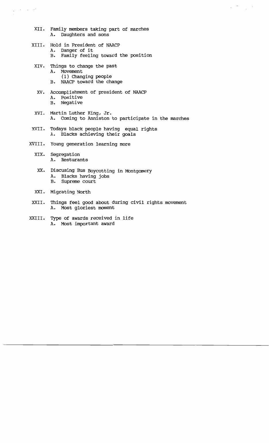 Scanned page 2 of the interview table of contents, listing topics XII through XXIII.
