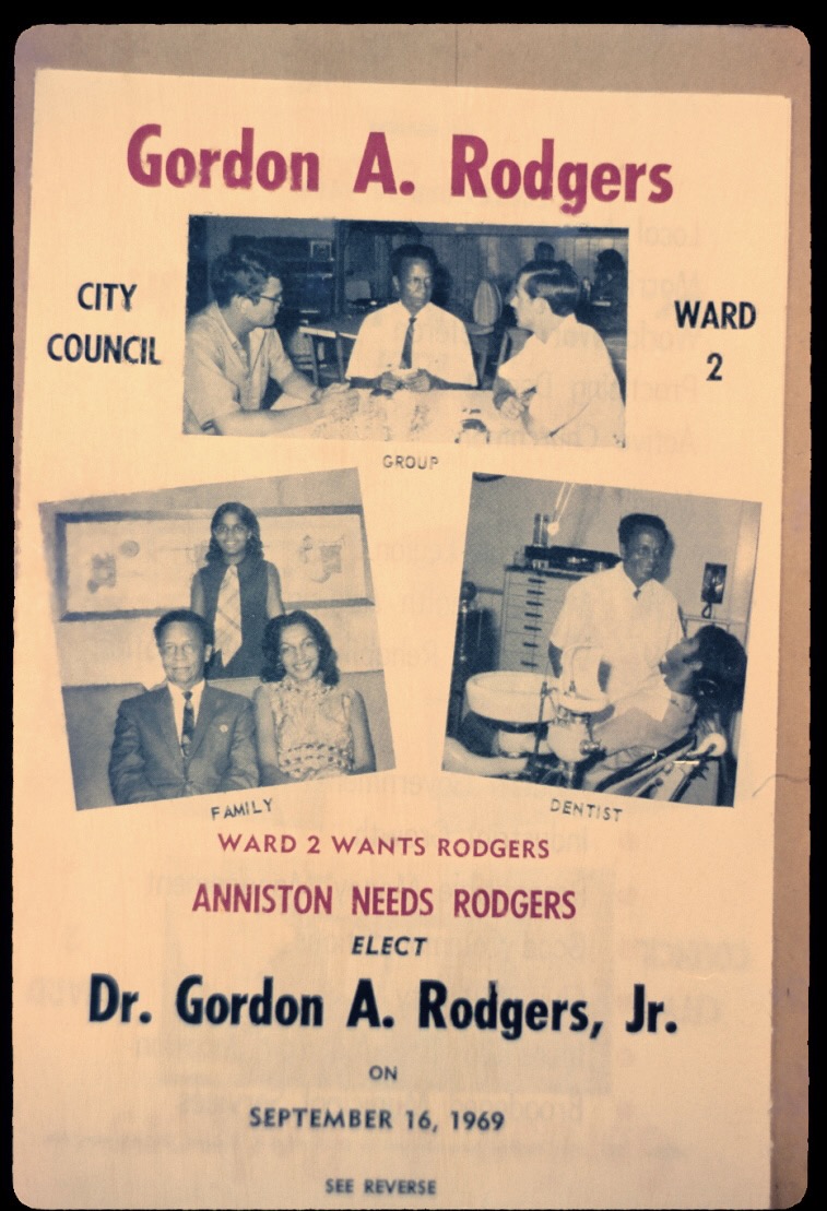 Campaign flyer reading “Elect Dr. Gordon A. Rodgers, Jr. on September 16, 1969,” with three photographs labeled Group, Family and Dentist.